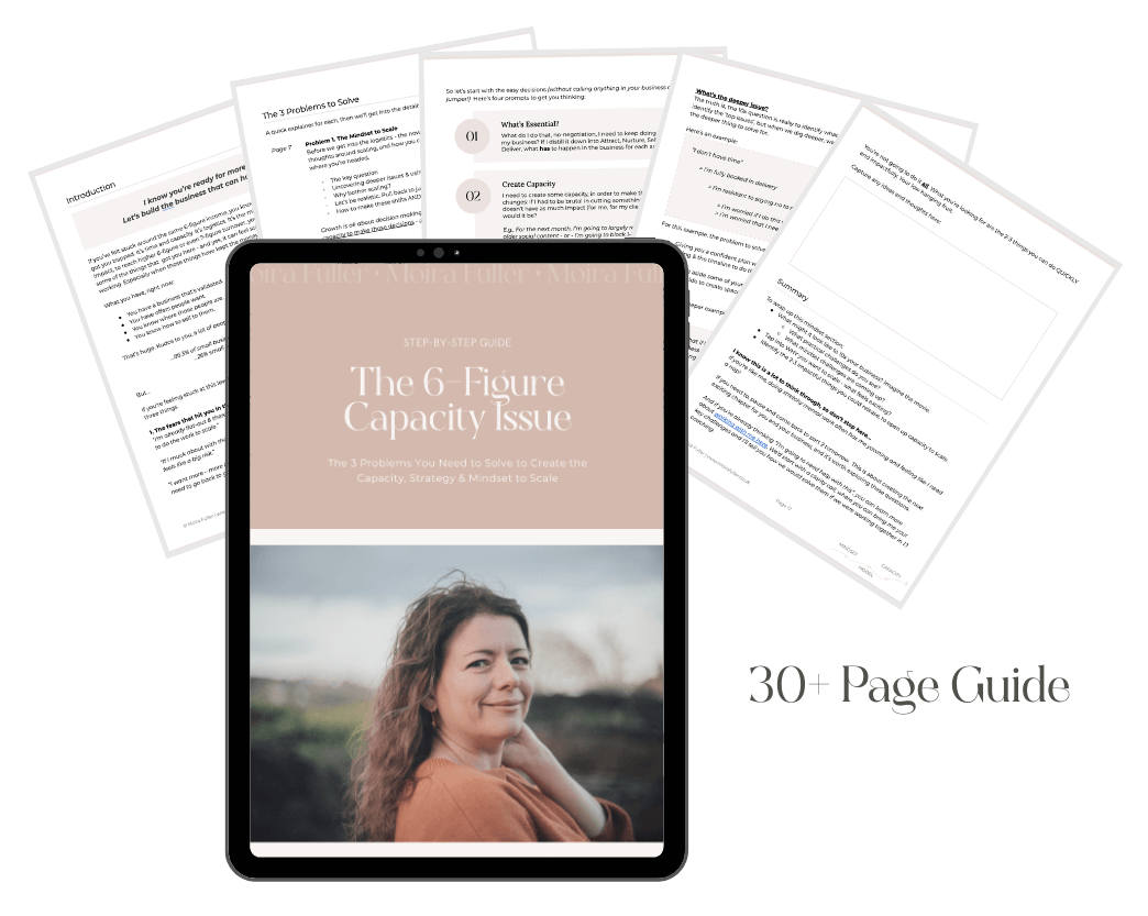 Cover and pages of The 6-Figure Capacity Issue guide by Moira Fuller, Business Strategist